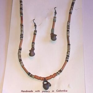 MAKU Handmade Pottery Beaded Necklace and Earring Set - Brown and Tan